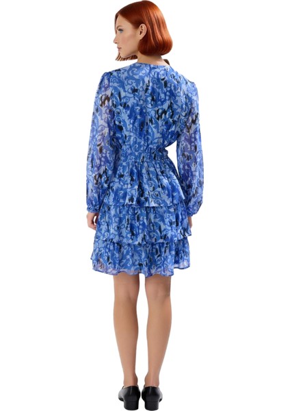 Kadın Skater Kalıp Etnik Desen V Yaka Uzun Kollu Astarlı Mini Şifon Elbise Gündüz Geceye Özel fırsatları