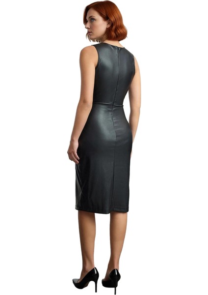 Kadın Bodycon Kesim Suni Deri Kruvaze Midi Elbise Bisiklet Yaka Kolsuz Tasarım Şık Gece Kombinleri fırsatları