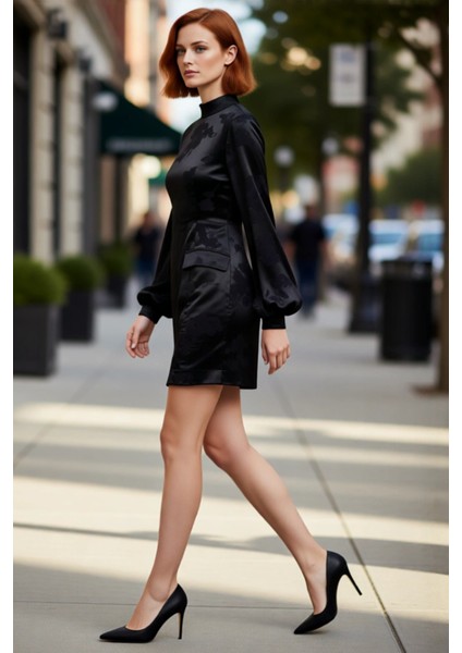 Kadın A Kesim Mini Elbise Dik Yaka Balon Kol Tasarımıyla Şık Dokuma Kışlık Kombinlerinize Kaliteli