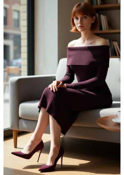 Kadın Düz Desen Midi Boy Triko Carmen Yaka Uzun Kollu Shift Kalıp Zarif Elbiseleri Kaliteli