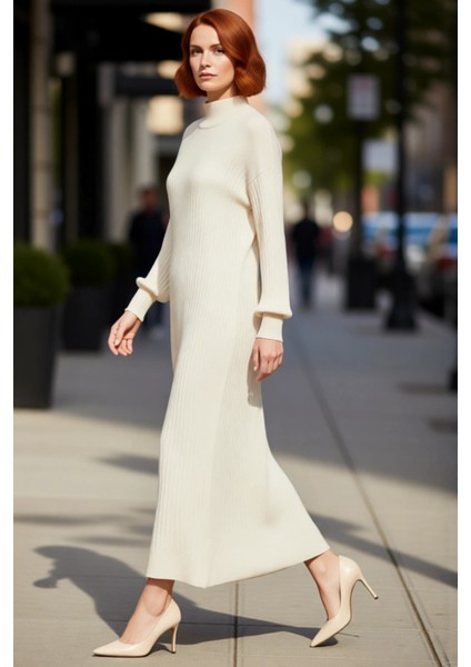 Kadın Düz Desen Dik Yaka Düşük Kol Maxi Triko Elbise Şık Shift Kalıbıyla Kışlık Konfor Sunar