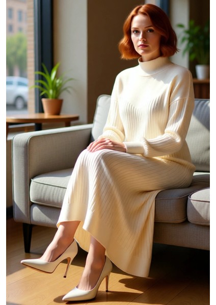 Kadın Düz Desen Dik Yaka Düşük Kol Maxi Triko Elbise Şık Shift Kalıbıyla Kışlık Konfor Sunar fiyatları