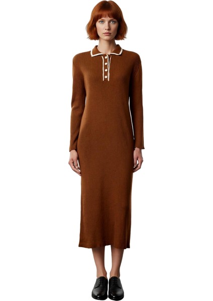 Kadın Renk Bloklu Polo Yaka Triko Elbise Shift Kalıp Standart Kol Maxi Boy Günlük Kullanım Için Şık fiyatları