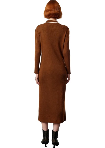 Kadın Renk Bloklu Polo Yaka Triko Elbise Shift Kalıp Standart Kol Maxi Boy Günlük Kullanım Için Şık modelleri