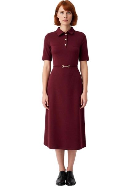 Kadın A Line Kesim Kısa Kollu Polo Yaka Kemerli Midi Elbise Yarım Pat Düğmeli Interlok Dokuma modelleri