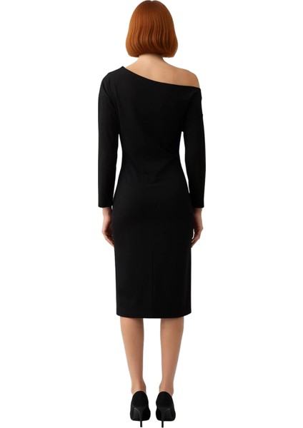 Kadın Midi Boy Asimetrik Kayık Yaka Bodycon Uzun Kollu Scuba Krep Örme Elbise Şık Kışlık Giyim fırsatları