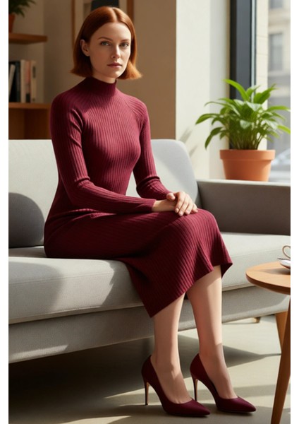 Kadın Düz Desen Midi Elbise Örme Kumaş Bodycon Kalıp Dik Yaka Uzun Kollu Yırtmaçlı Şık ve Rahat