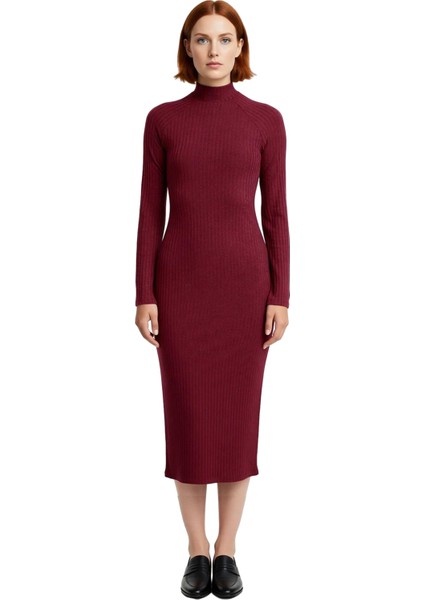 Kadın Düz Desen Midi Elbise Örme Kumaş Bodycon Kalıp Dik Yaka Uzun Kollu Yırtmaçlı Şık ve Rahat fiyatları