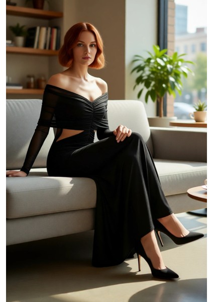 Kadın Siyah Düz Desen Cut Out Detaylı Örme Bodycon Maxi Mezuniyet Balo Elbisesi Kayık Yaka
