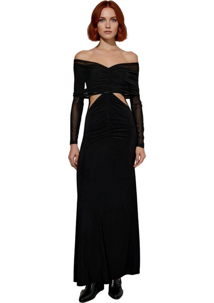 Kadın Siyah Düz Desen Cut Out Detaylı Örme Bodycon Maxi Mezuniyet Balo Elbisesi Kayık Yaka fiyatları