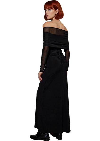 Kadın Siyah Düz Desen Cut Out Detaylı Örme Bodycon Maxi Mezuniyet Balo Elbisesi Kayık Yaka modelleri