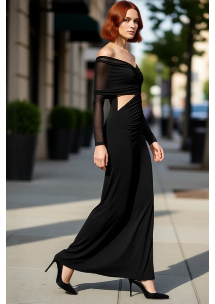 Kadın Siyah Düz Desen Cut Out Detaylı Örme Bodycon Maxi Mezuniyet Balo Elbisesi Kayık Yaka fırsatları