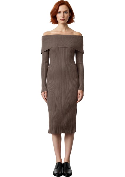 Kadın Düz Desen Midi Boy Triko Carmen Yaka Uzun Kollu Shift Kalıp Zarif Elbiseleri Kaliteli fiyatları