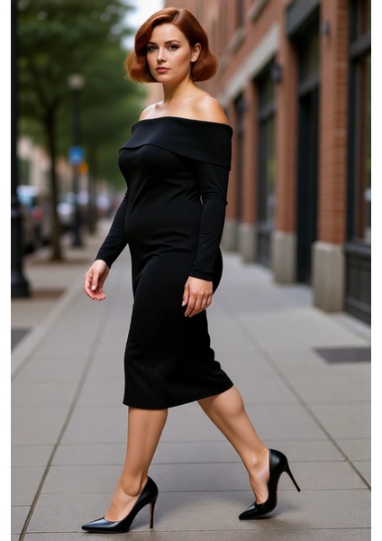 Kadın Bodycon Kesim Carmen Yaka Düz Uzun Kollu Triko Midi Elbise Kış Aylarının Şık ve Rahat Gündüz