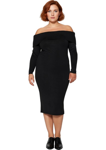 Kadın Bodycon Kesim Carmen Yaka Düz Uzun Kollu Triko Midi Elbise Kış Aylarının Şık ve Rahat Gündüz modelleri