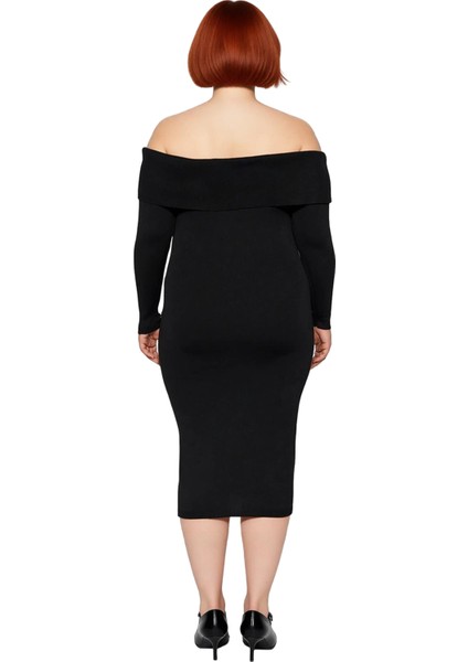 Kadın Bodycon Kesim Carmen Yaka Düz Uzun Kollu Triko Midi Elbise Kış Aylarının Şık ve Rahat Gündüz fırsatları