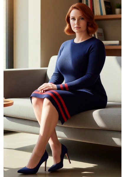 Kadın Bodycon Kesim Fitilli Triko Kazak Elbise Çizgili Detaylı Bisiklet Yaka Uzun Kollu Stil fiyatları