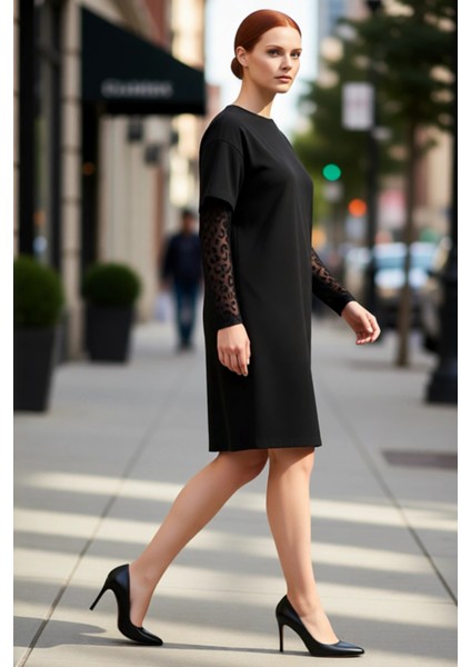 Kadın Bisiklet Yaka T Shirt Elbise Düşük Kol Tül Leopar Desenli Büyük Beden %100 Pamuk Kaliteli