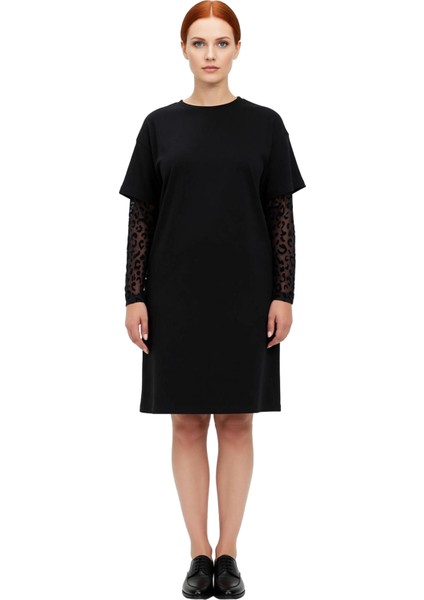 Kadın Bisiklet Yaka T Shirt Elbise Düşük Kol Tül Leopar Desenli Büyük Beden %100 Pamuk Kaliteli modelleri