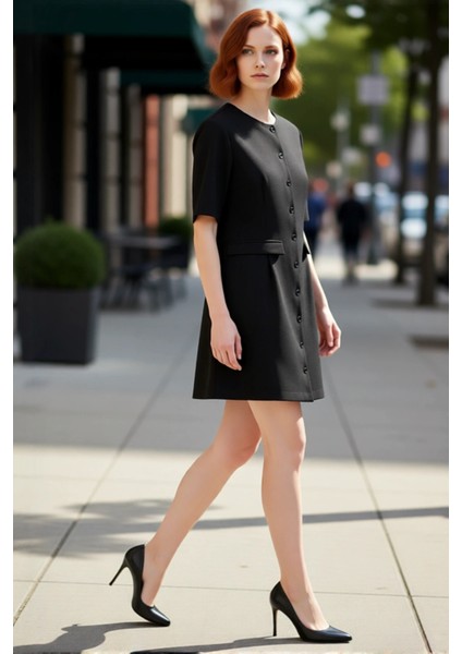 Kadın A Line Kısa Kol Dokuma Mini Elbise Düğme Detaylı Düz Kesim Ofis ve Günlük Şıklığı Için Ideal