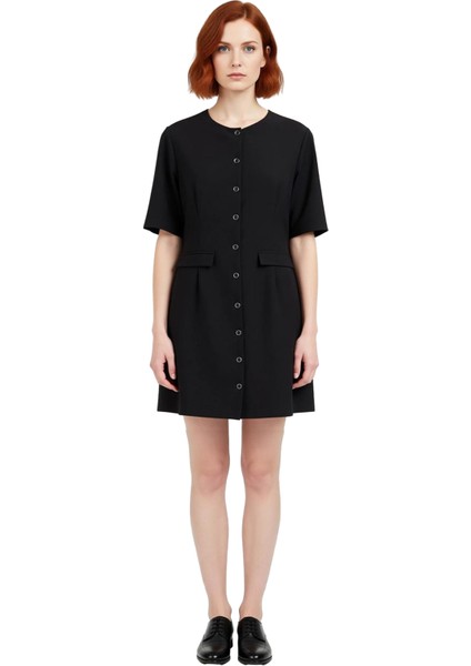 Kadın A Line Kısa Kol Dokuma Mini Elbise Düğme Detaylı Düz Kesim Ofis ve Günlük Şıklığı Için Ideal modelleri