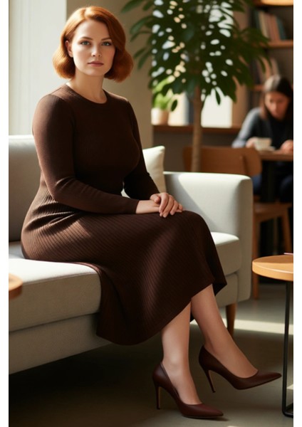 Kadın A Line Kalıp Fitilli Triko Elbise Midi Boy Uzun Kollu Bisiklet Yaka Düz Desenli Şıklık fiyatları