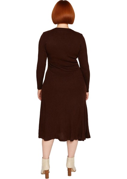 Kadın A Line Kalıp Fitilli Triko Elbise Midi Boy Uzun Kollu Bisiklet Yaka Düz Desenli Şıklık fırsatları