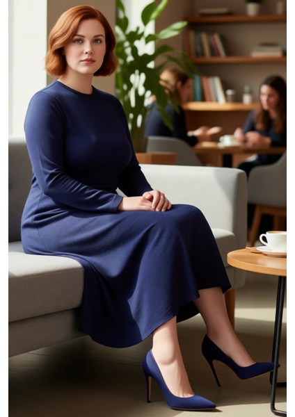 Kadın Lacivert A Line Midi Düz Uzun Kollu Bisiklet Yaka Şık Rahat Dokuma Elbise Kaliteli fiyatları