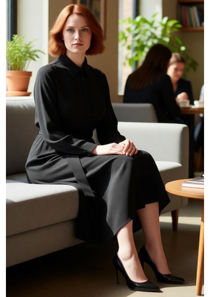 Kadınlar Için Siyah Dokuma Kuşak Detaylı Midi Boy Gömlek Elbise Şık ve Rahat Bir Seçim Kaliteli fiyatları