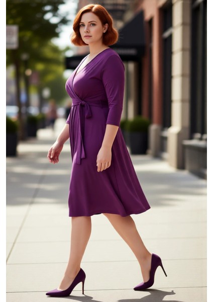 Kadın Büyük Beden Mor Kruvaze Kuşaklı A Line Örme Midi Elbise Şık ve Rahat Bir Seçim Kaliteli