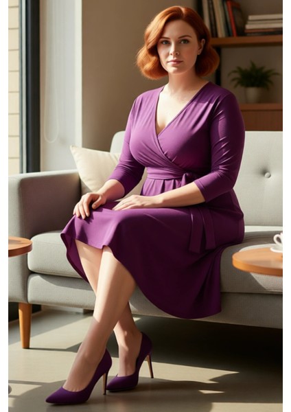 Kadın Büyük Beden Mor Kruvaze Kuşaklı A Line Örme Midi Elbise Şık ve Rahat Bir Seçim Kaliteli fiyatları