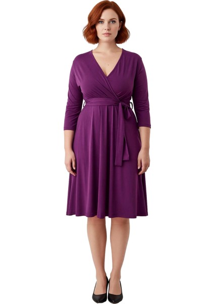 Kadın Büyük Beden Mor Kruvaze Kuşaklı A Line Örme Midi Elbise Şık ve Rahat Bir Seçim Kaliteli modelleri