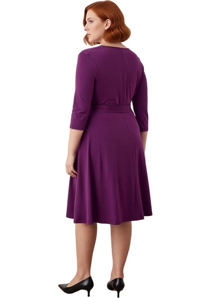 Kadın Büyük Beden Mor Kruvaze Kuşaklı A Line Örme Midi Elbise Şık ve Rahat Bir Seçim Kaliteli fırsatları