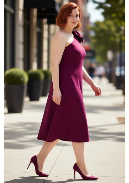 Kadın Büyük Beden Bodycon Midi Elbise Tek Omuzlu Asimetrik Yaka Şık Davetler Için Zarif Dokuma