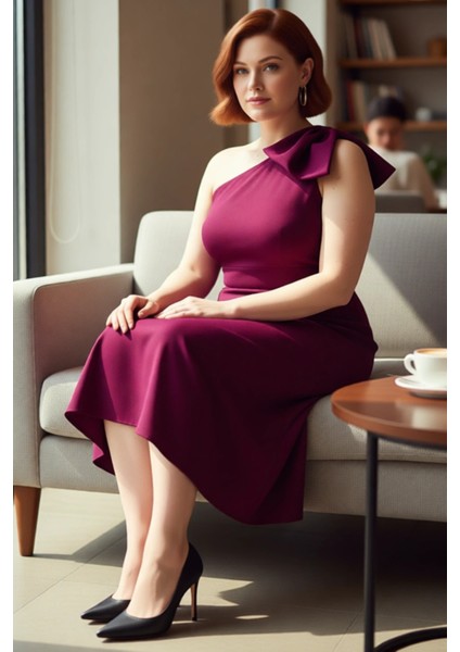 Kadın Büyük Beden Bodycon Midi Elbise Tek Omuzlu Asimetrik Yaka Şık Davetler Için Zarif Dokuma fiyatları