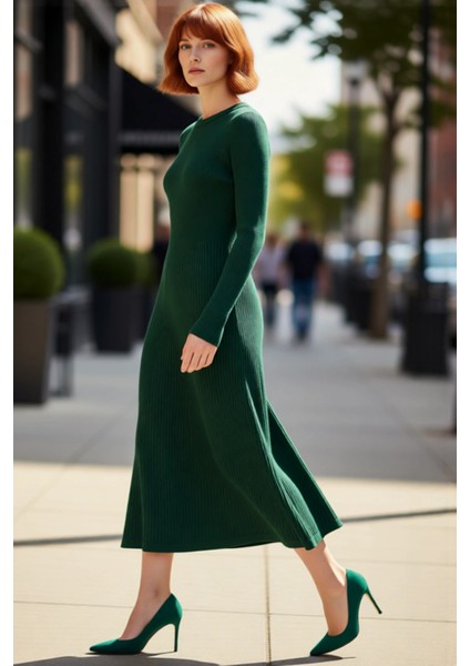 Kadın Akrilik Triko Bodycone Midi Elbise Bisiklet Yaka Uzun Kol Düz Desenli Günlük Rahat Şıklık modelleri