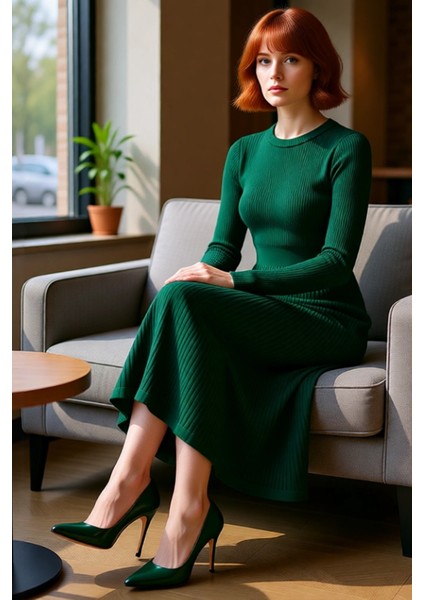 Kadın Akrilik Triko Bodycone Midi Elbise Bisiklet Yaka Uzun Kol Düz Desenli Günlük Rahat Şıklık fırsatları