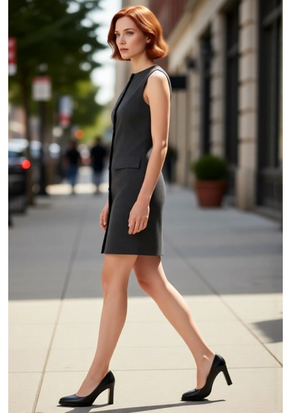 Kadın Kolsuz Antrasit Düz Gömlek Elbise Kısa Boy Ofis Şıklığı Için Çağdaş Tasarım Kaliteli fırsatları