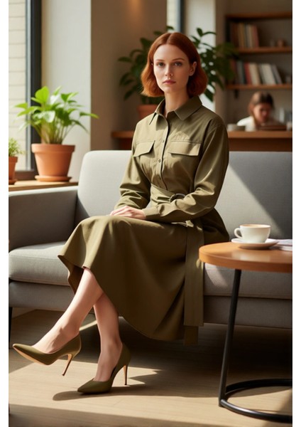 Kadın Dokuma A Line Midi Elbise Kuşaklı Gömlek Yaka Tasarımıyla Kış Günlerine Casual Şıklık