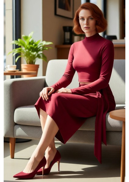 Kadın Düz Bordo Renk Cut Outlı Midi Elbise Bodycon Kalıp Uzun Kol Dik Yaka Örme Kış Sezonu