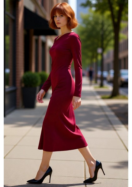 Kadın Bodycon Kalıp Midi Boy Asimetrik Yaka Düz Desen Uzun Kol Örme Elbise Şık ve Rahat Kışlık Seçim