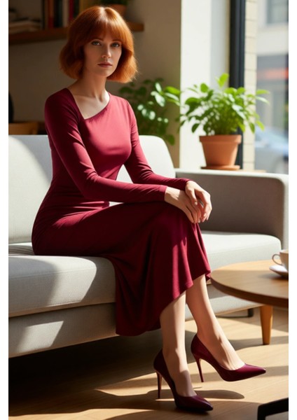 Kadın Bodycon Kalıp Midi Boy Asimetrik Yaka Düz Desen Uzun Kol Örme Elbise Şık ve Rahat Kışlık Seçim fiyatları