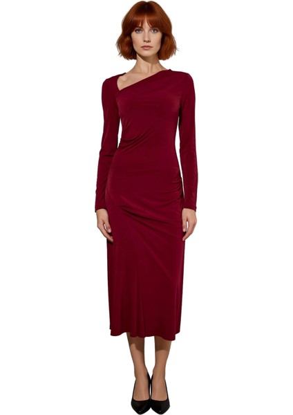 Kadın Bodycon Kalıp Midi Boy Asimetrik Yaka Düz Desen Uzun Kol Örme Elbise Şık ve Rahat Kışlık Seçim modelleri