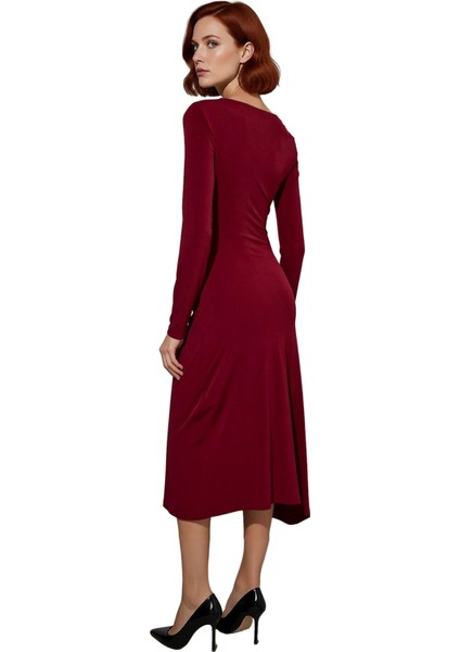 Kadın Bodycon Kalıp Midi Boy Asimetrik Yaka Düz Desen Uzun Kol Örme Elbise Şık ve Rahat Kışlık Seçim fırsatları