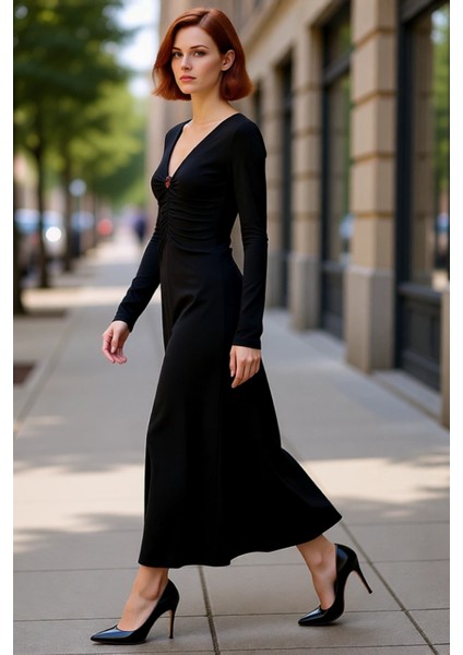 Kadın A Line Kesim V Yaka Büzgü Detaylı Uzun Kollu Maxi Örme Elbise Kış Şıklığına Özel Kaliteli