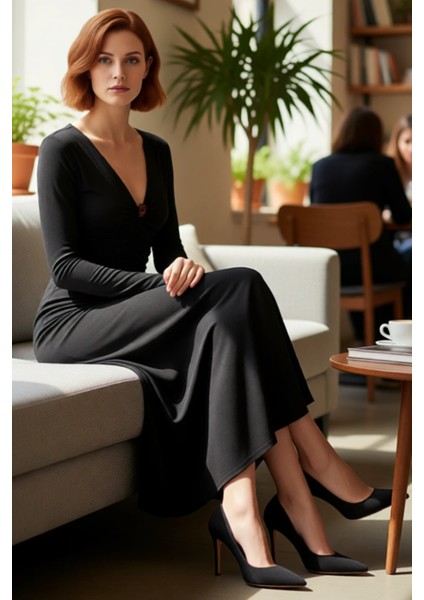 Kadın A Line Kesim V Yaka Büzgü Detaylı Uzun Kollu Maxi Örme Elbise Kış Şıklığına Özel Kaliteli fiyatları