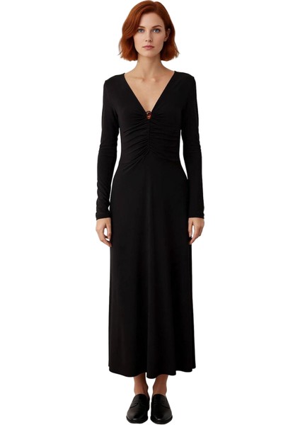 Kadın A Line Kesim V Yaka Büzgü Detaylı Uzun Kollu Maxi Örme Elbise Kış Şıklığına Özel Kaliteli modelleri