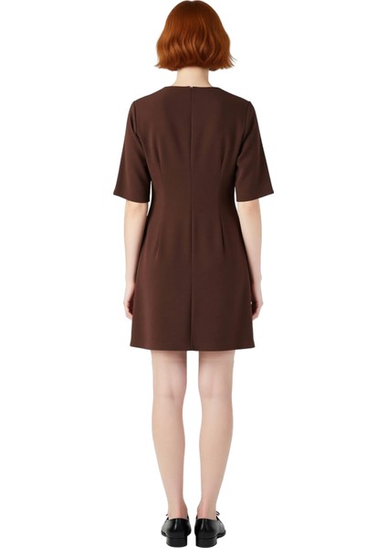 Kadın A Line Kahverengi Mini Boy Kısa Kol Düğmeli Dokuma Elbise Ofis ve Günlük Yaşamda Şık Tercih. modelleri