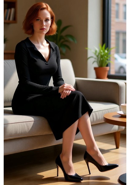 Kadın Uzun Kollu Polo Yaka Fitilli Örme Maxi Elbise Casual Soğuk Havalar Için Şık ve Rahat