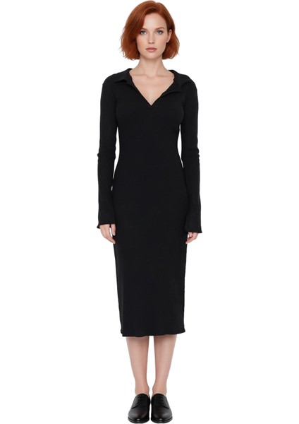 Kadın Uzun Kollu Polo Yaka Fitilli Örme Maxi Elbise Casual Soğuk Havalar Için Şık ve Rahat fiyatları